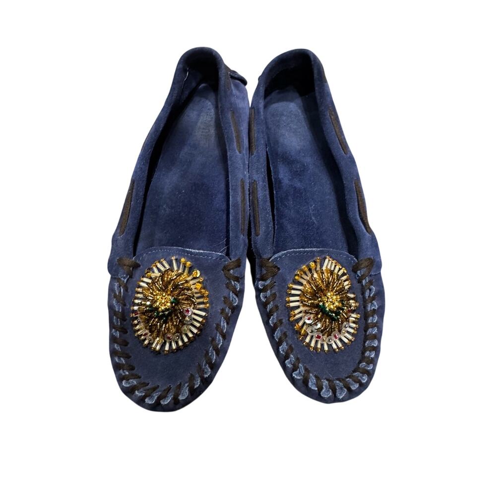 Vintage Miu Miu Navy Suede Beaded Moccasin Loafers 39.5